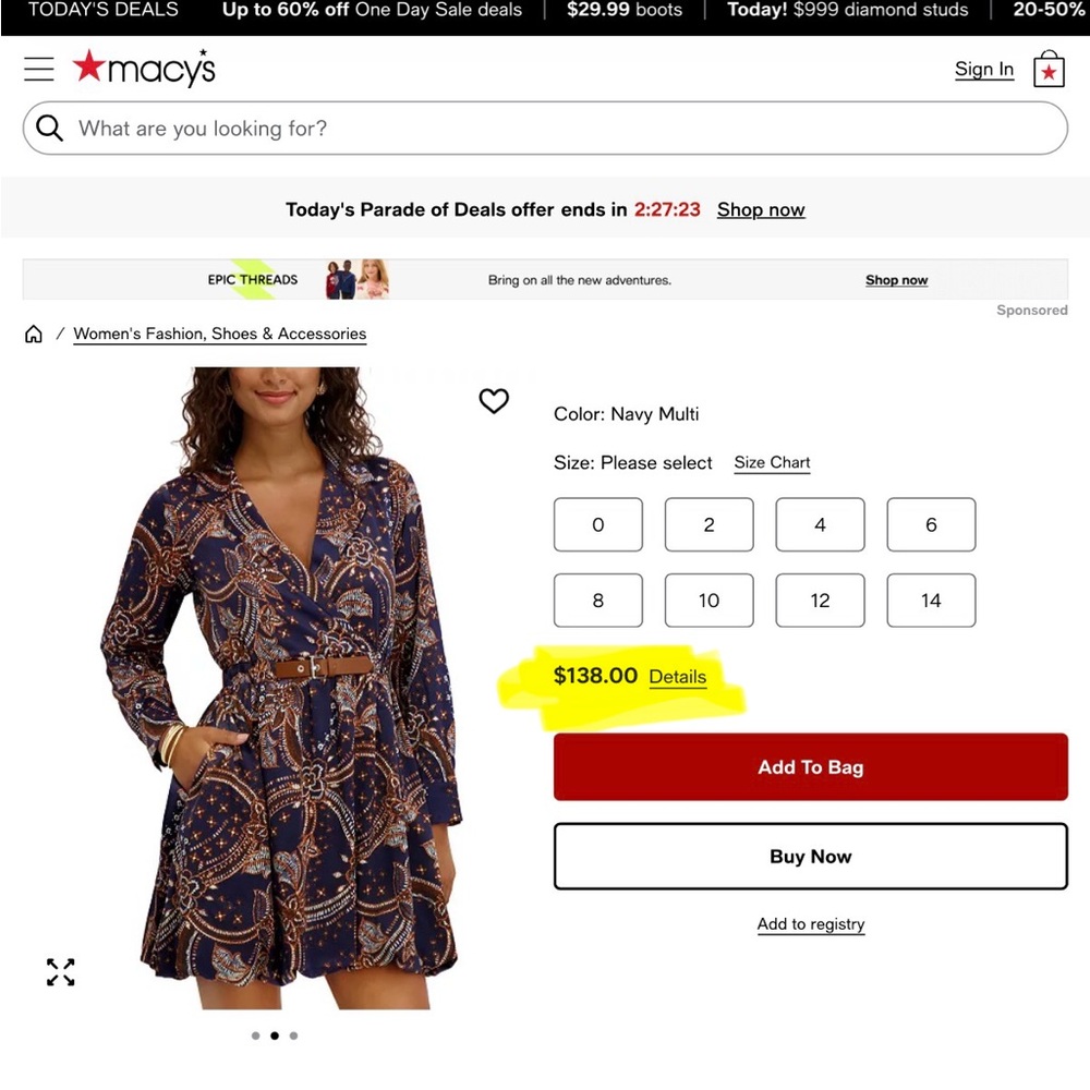 Kensie Navy Multi Paisley V‑Neck Long‑Sleeve Mini Dress